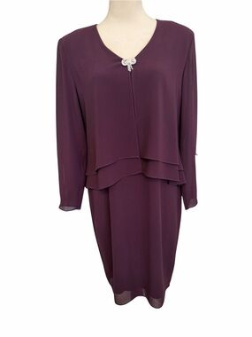 Patra Vintage Deep Plum Layered Long Sleeve Dress with Brooch Accent